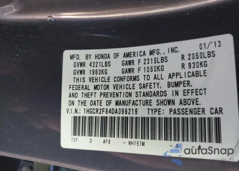 2013 Honda Accord Sdn Ex-L z USA, uszkodzony, nr VIN 1HGCR2F84DA098219